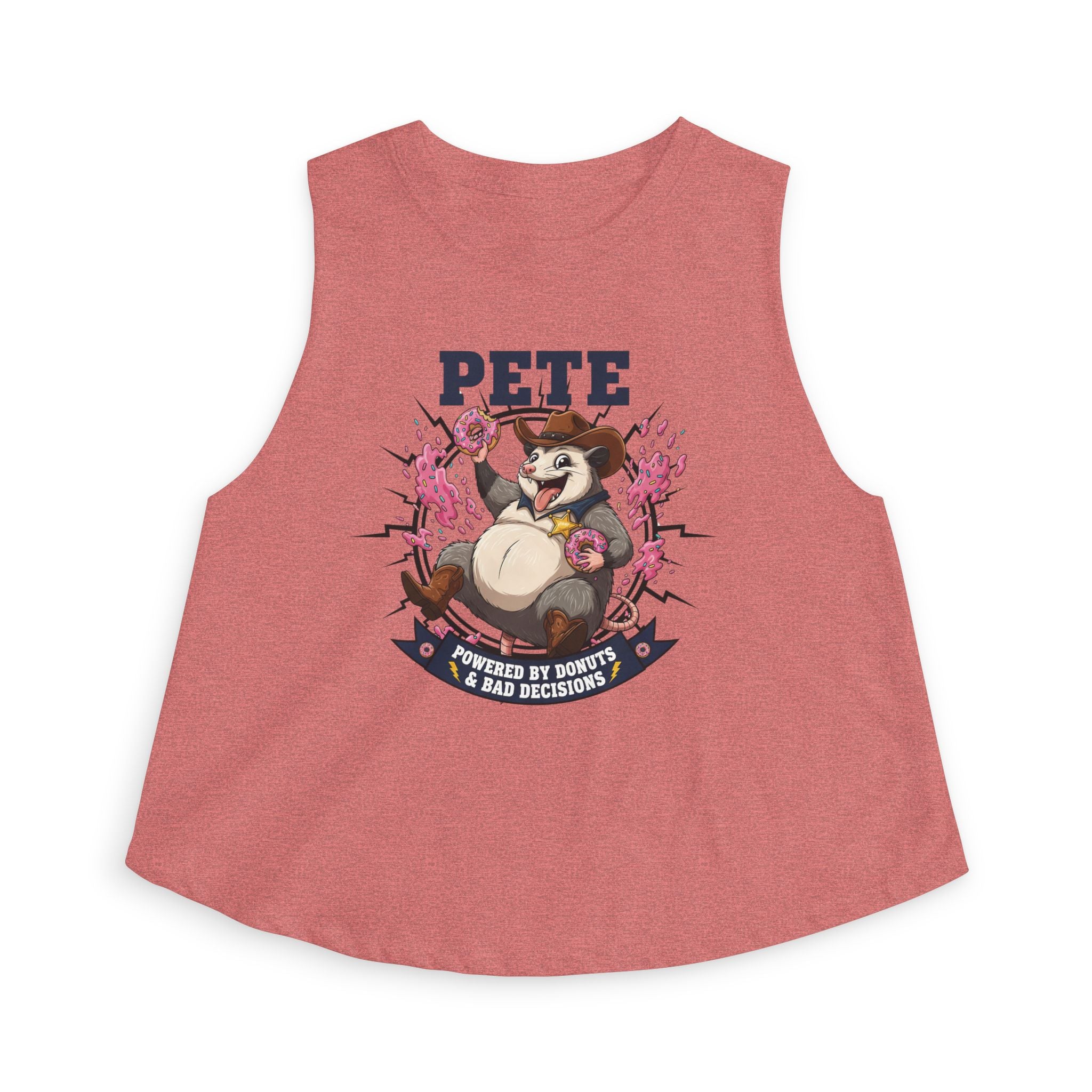 Pete Donut-Loving Raccoon Crop Top — "Powered by Donuts & Bad Decisions"