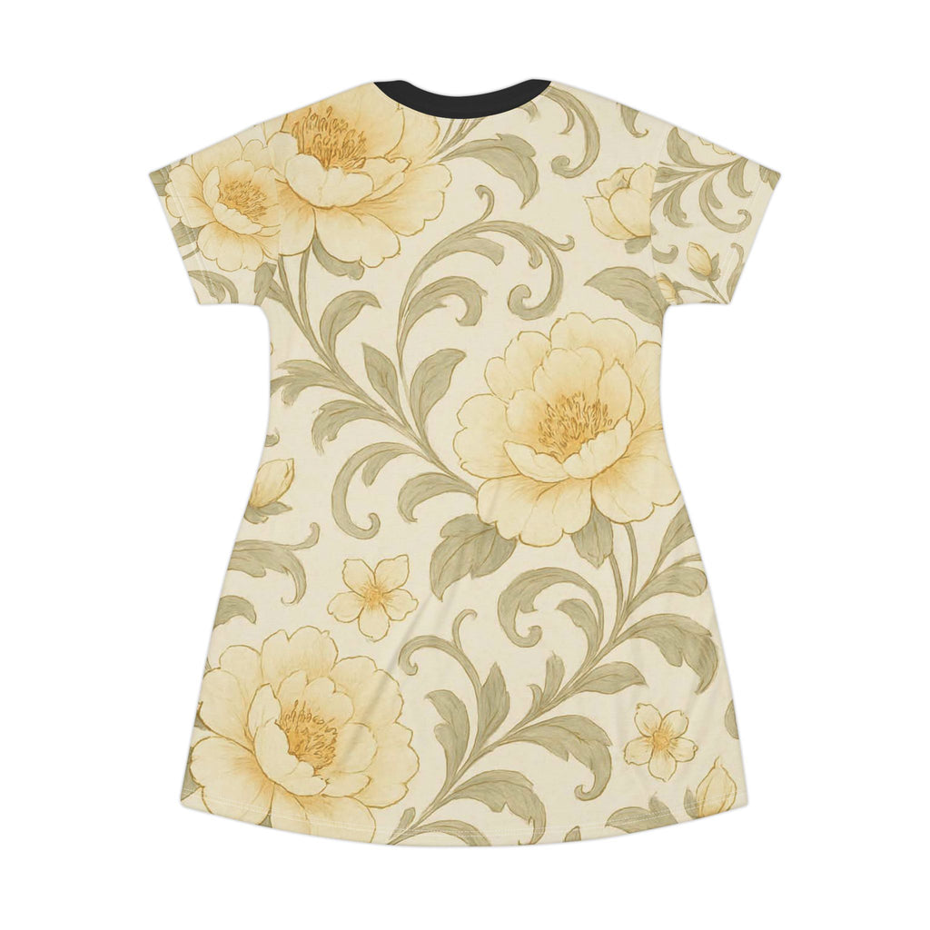Floral Vintage Rose T-Shirt Dress – Soft Yellow All-Over Print