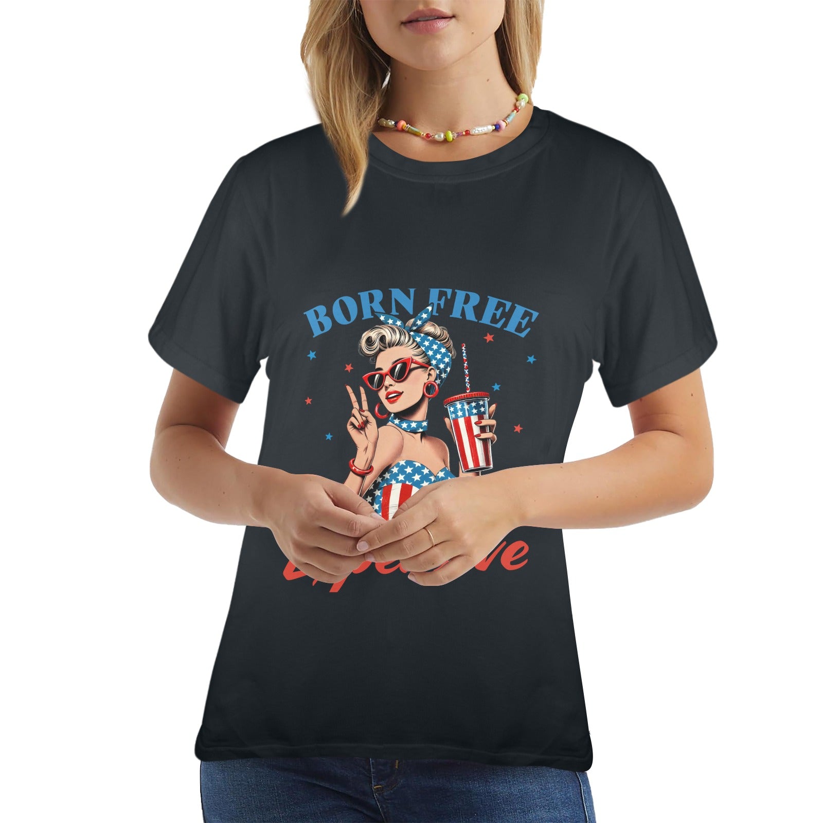 Born Free But Now I'm Expensive  Patriotic Pin-Up Graphic T-Shirt ladies
