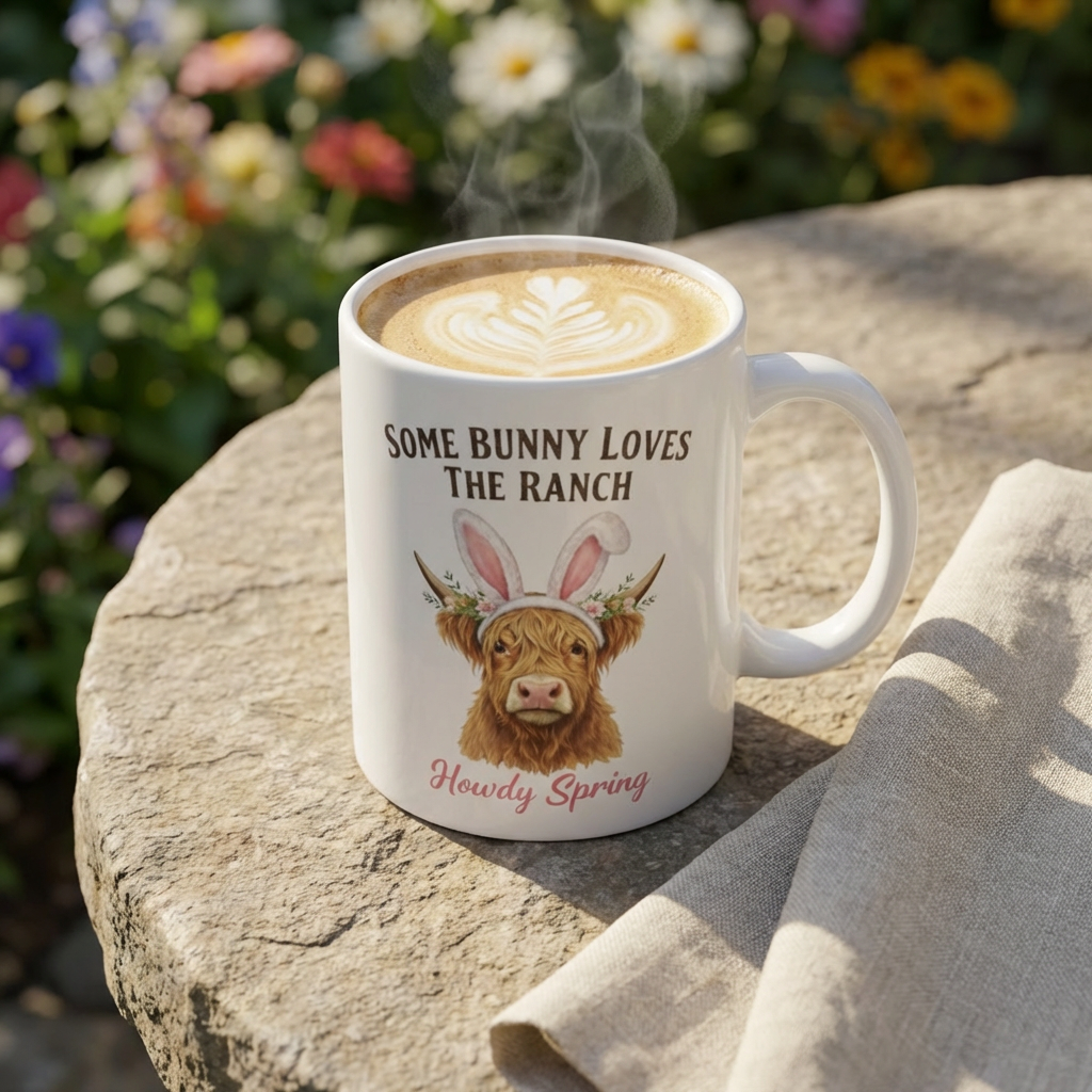 Some Bunny Loves the Ranch Mug | Highland Cow with Bunny Ears, Spring