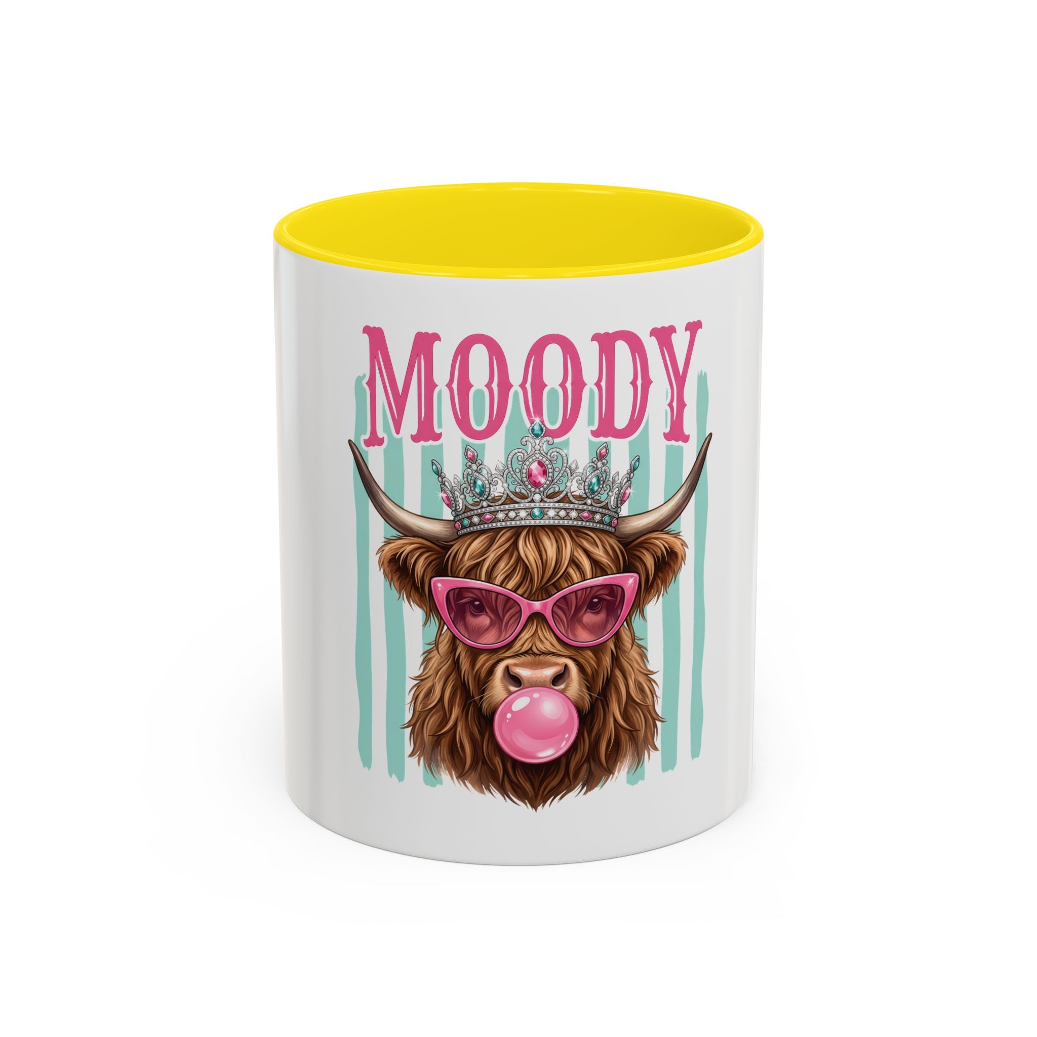 Moody Highland Cow Coffee Mug — Funny Crowned Cow with Bubblegum | Gift for Cow Lovers