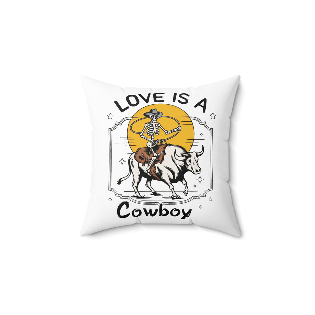 Love Is A Cowboy Skeleton Riding Bull Square Pillow — Western Romance Decorative Throw