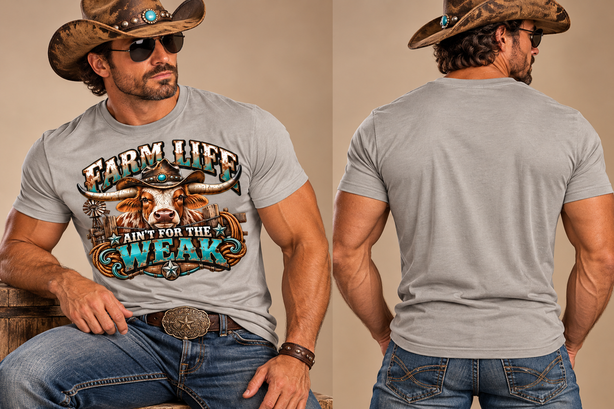 Farm Life Ain’t for the Weak Men’s Western T-Shirt – Longhorn Cowboy Ranch Graphic Tee
