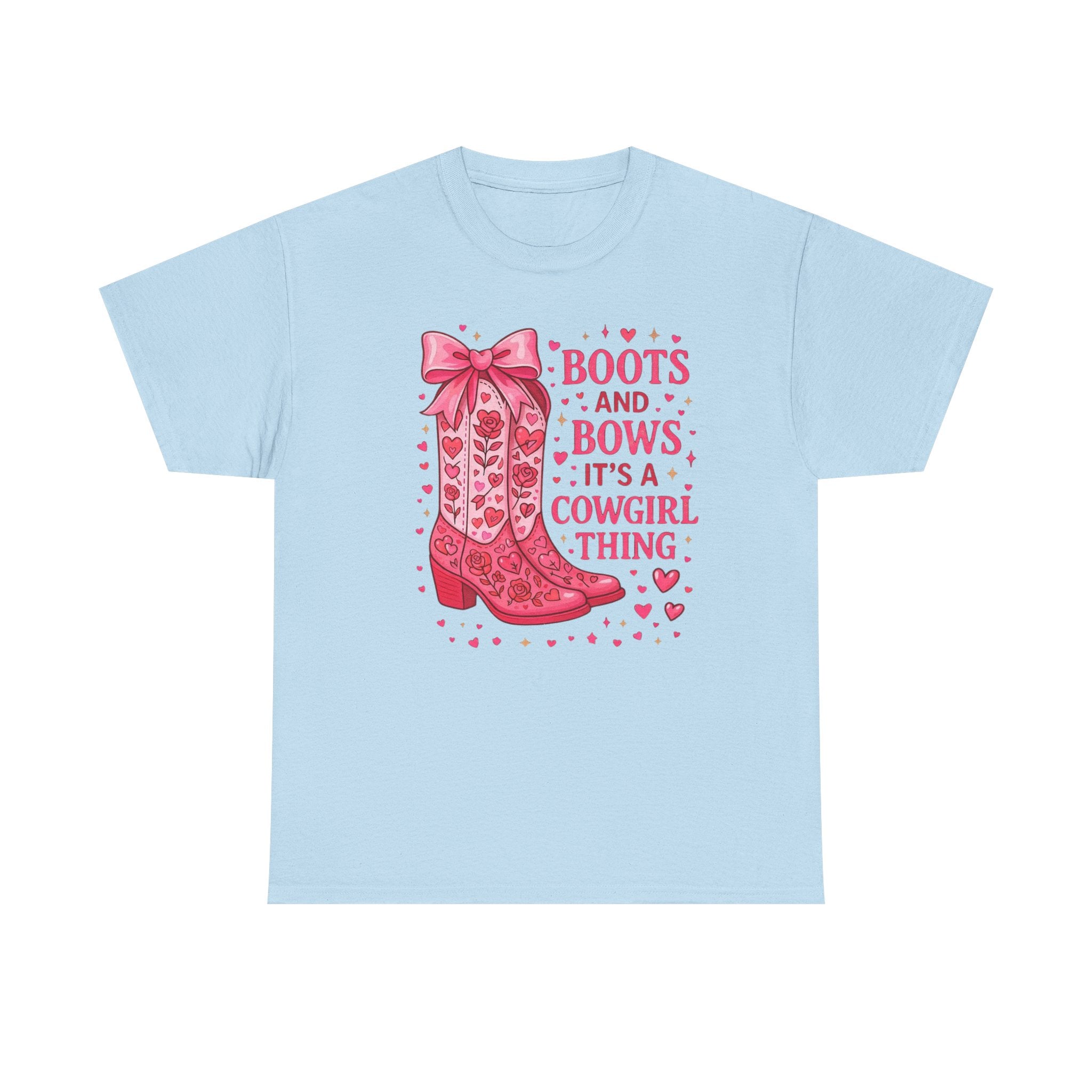 Cowgirl Boots and Bows T‑Shirt — "Boots and Bows, It's a Cowgirl Thing" Pink Western Tee  Trendy Farm