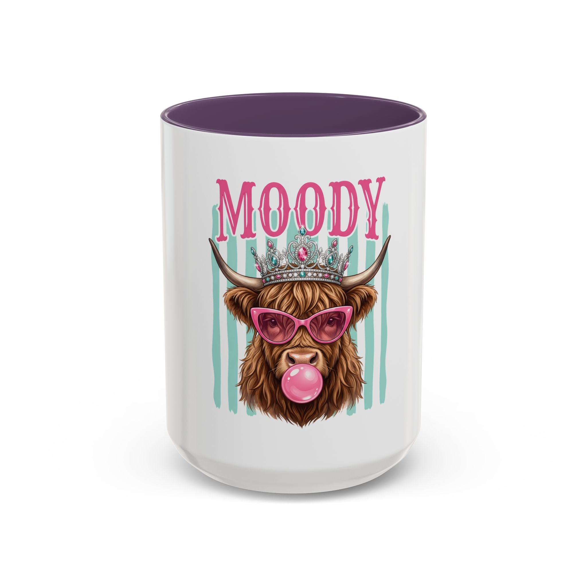 Moody Highland Cow Coffee Mug — Funny Crowned Cow with Bubblegum | Gift for Cow Lovers