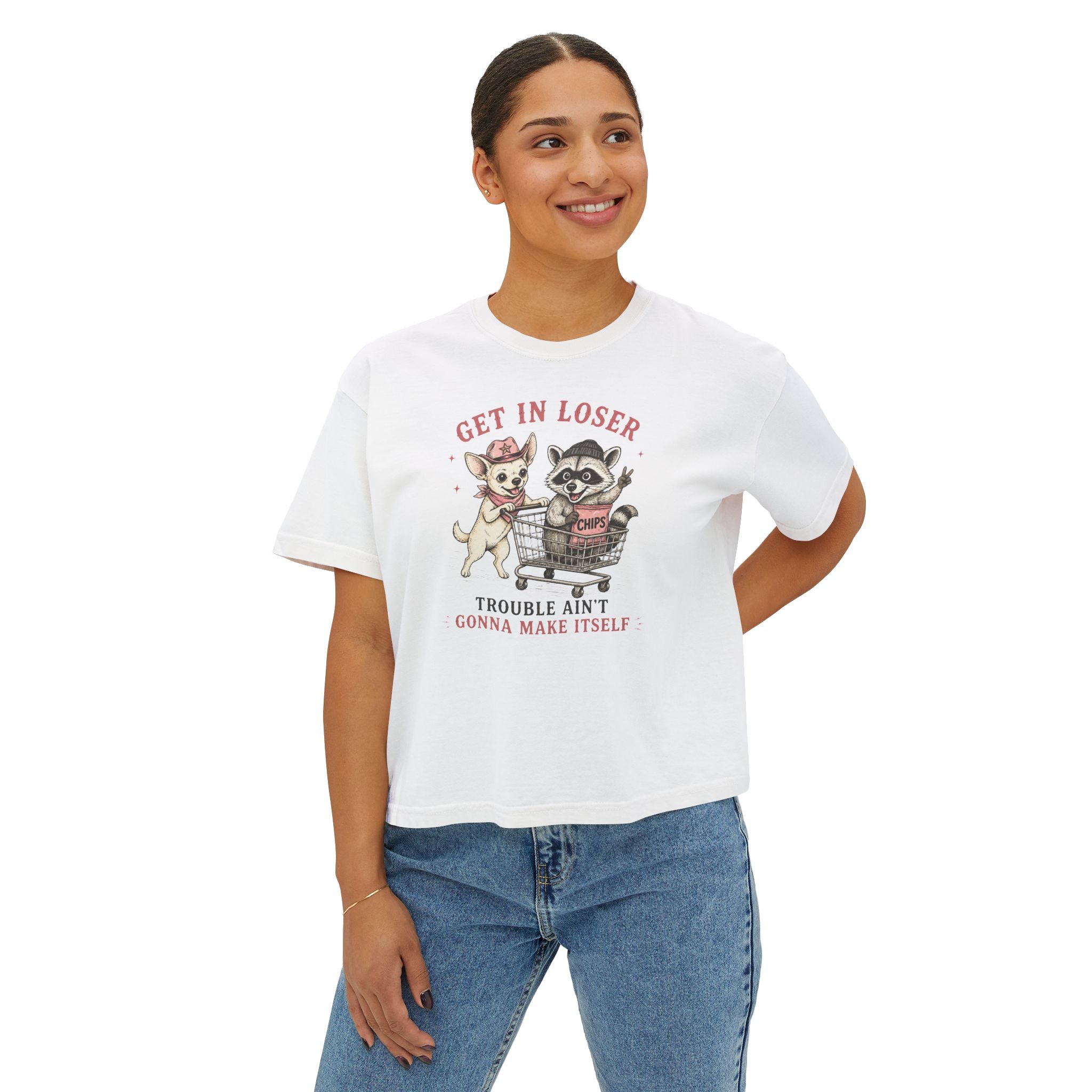 Get in Loser Tee — Cute Raccoon & Coco Dog Graphic Women’s Boxy T‑Shirt, “Trouble Ain’t Gonna Make Itself”