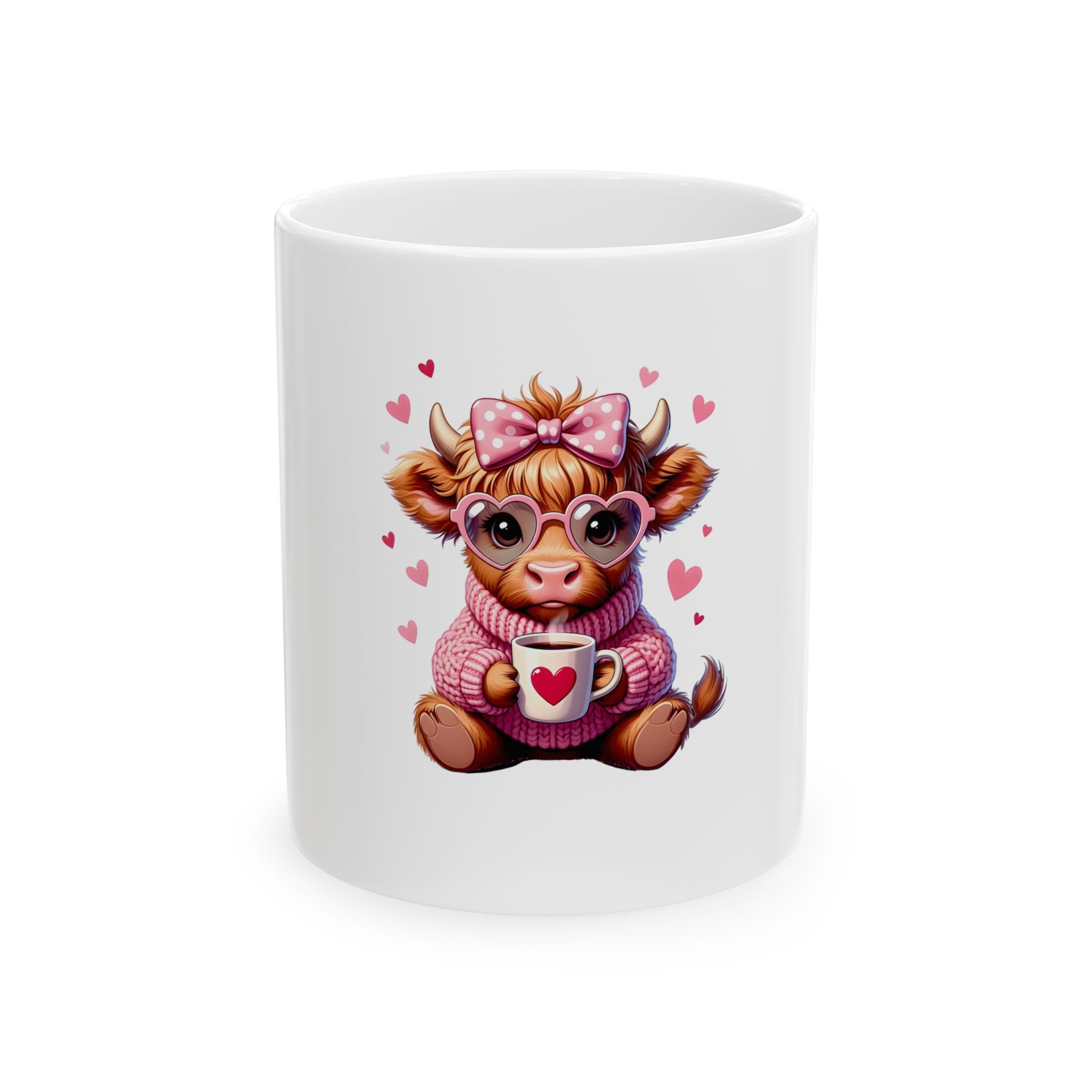 Valentine Highland Cow Ceramic Mug  Cute Cow with Heart (11oz & 15oz)