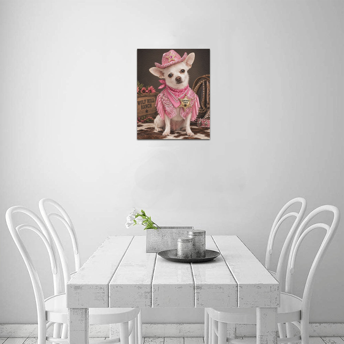 Frame Canvas Print 8"x10"(Made in USA)      Sheriff Coco Western Canvas Wall Art – Pink Cowgirl Chihuahua Ranch Decor – Western Dog Lover Home Decor