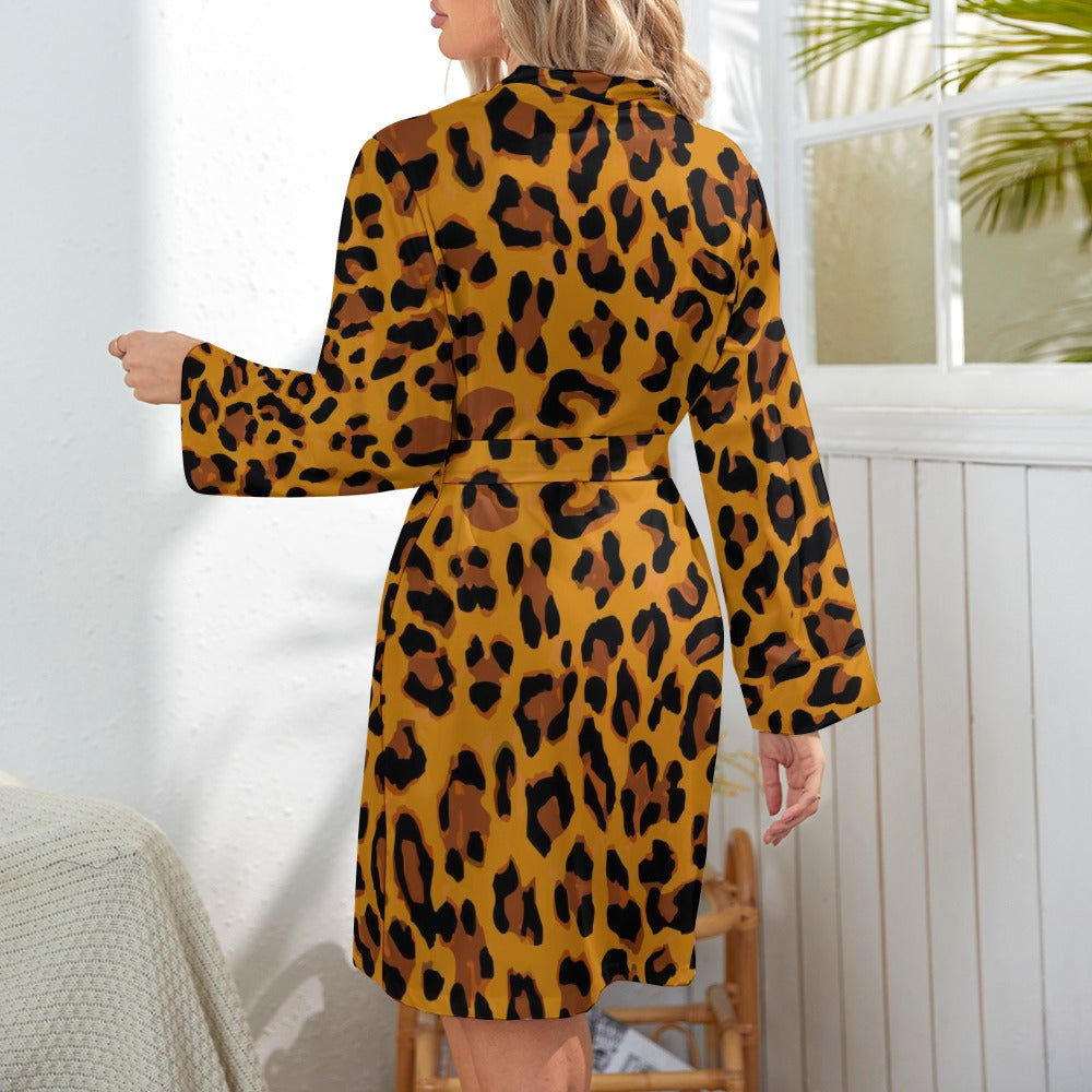 Golden Leopard Luxe Irresistible  Ladies Long Sleeve Belted Robe