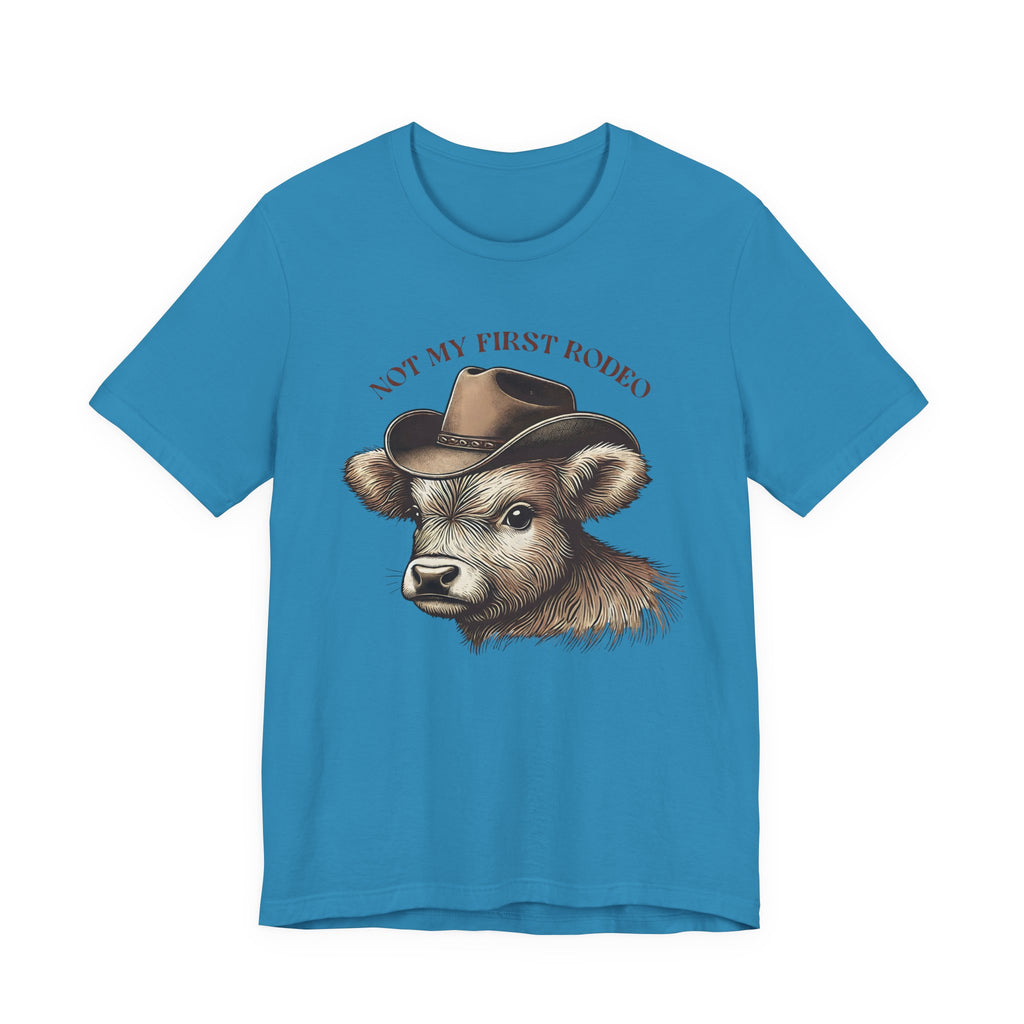 Not My First Rodeo Cow Tee — Western Cow with Cowboy Hat Graphic
