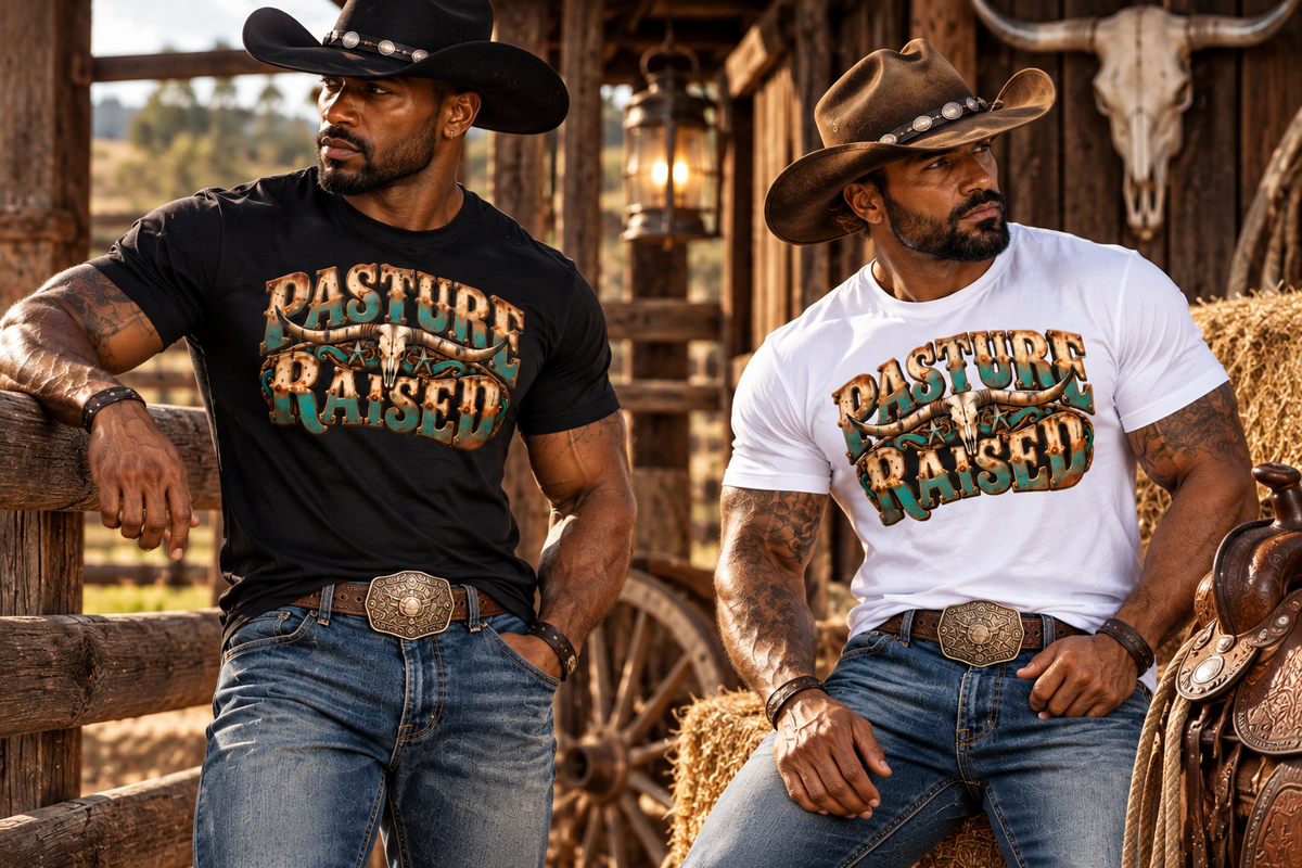 Pasture Raised Men’s T-Shirt  Vintage Western Longhorn Skull Ranch Graphic Tee