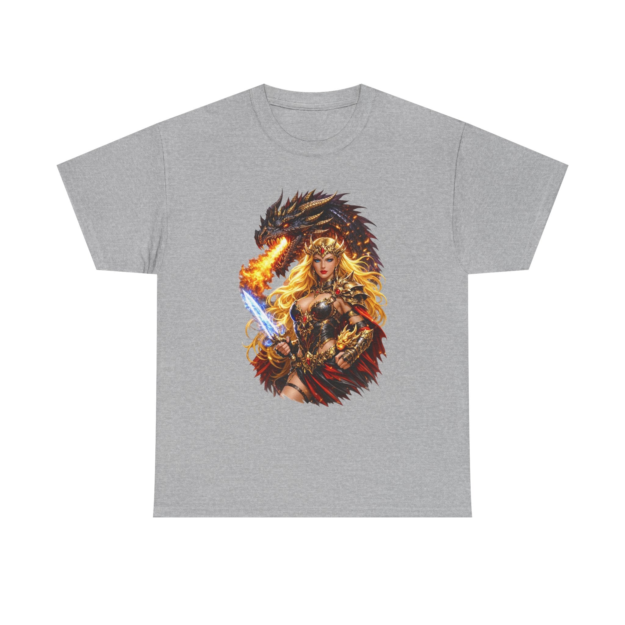 Fantasy Warrior  Fire born Goddess T-Shirt — Dragon & Sword Valkyrie Graphic Tee