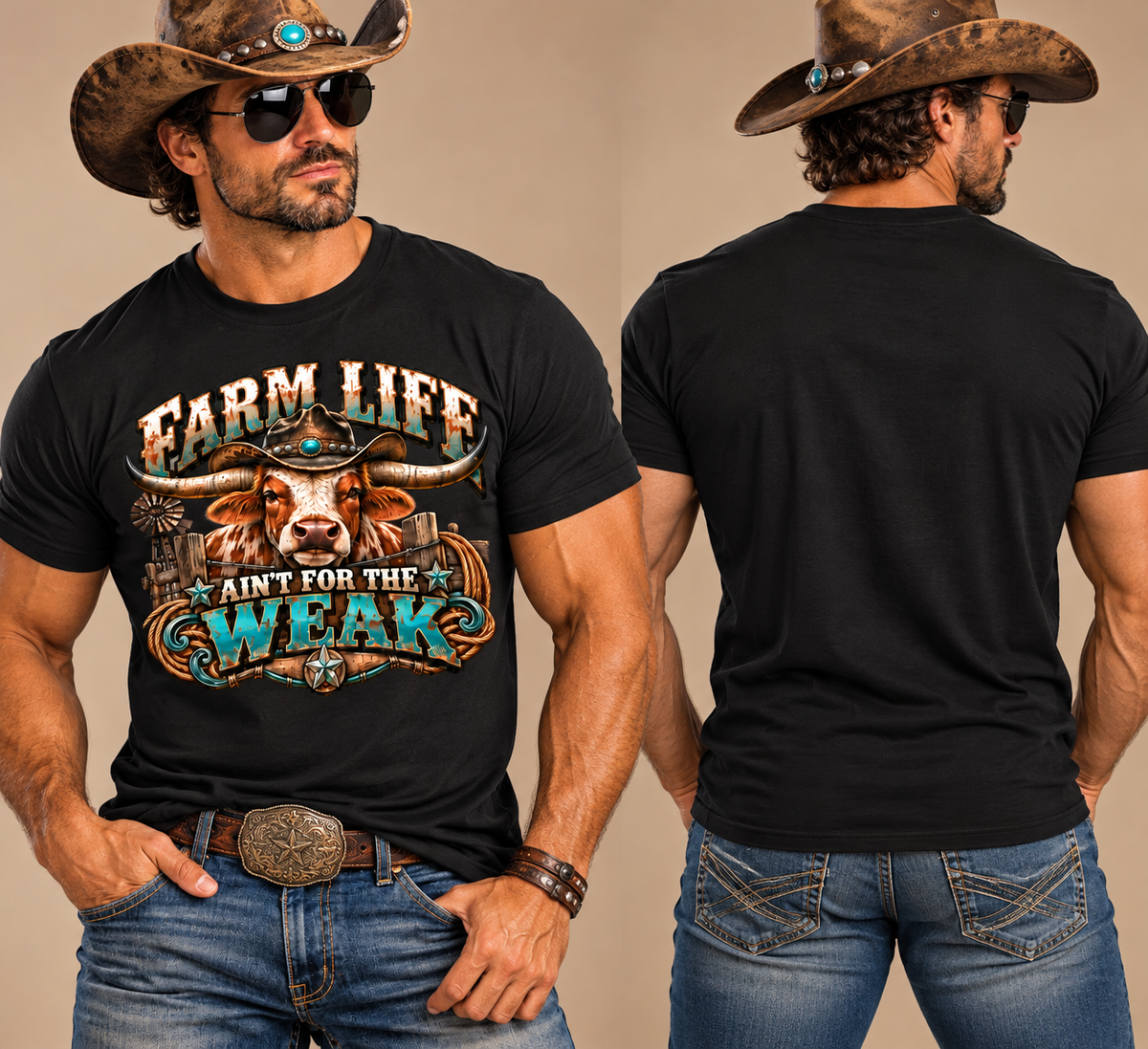 Farm Life Ain’t for the Weak Men’s Western T-Shirt – Longhorn Cowboy Ranch Graphic Tee