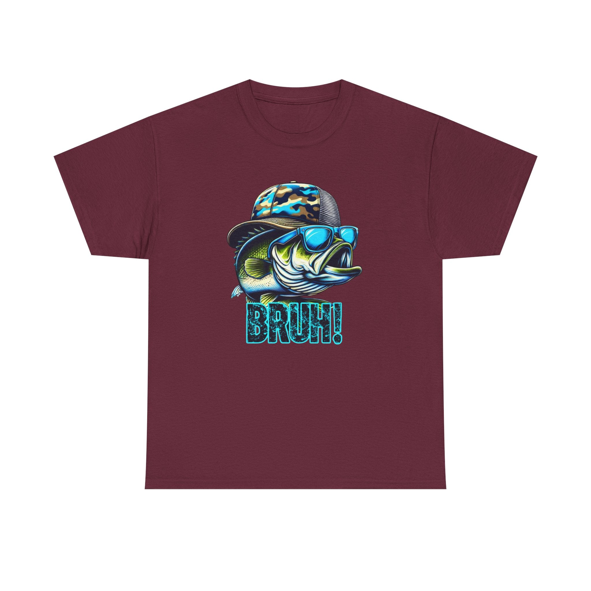 Fishing Fish Graphic Tee — 'BRUH!' Bass with Camo Hat & Sunglasses