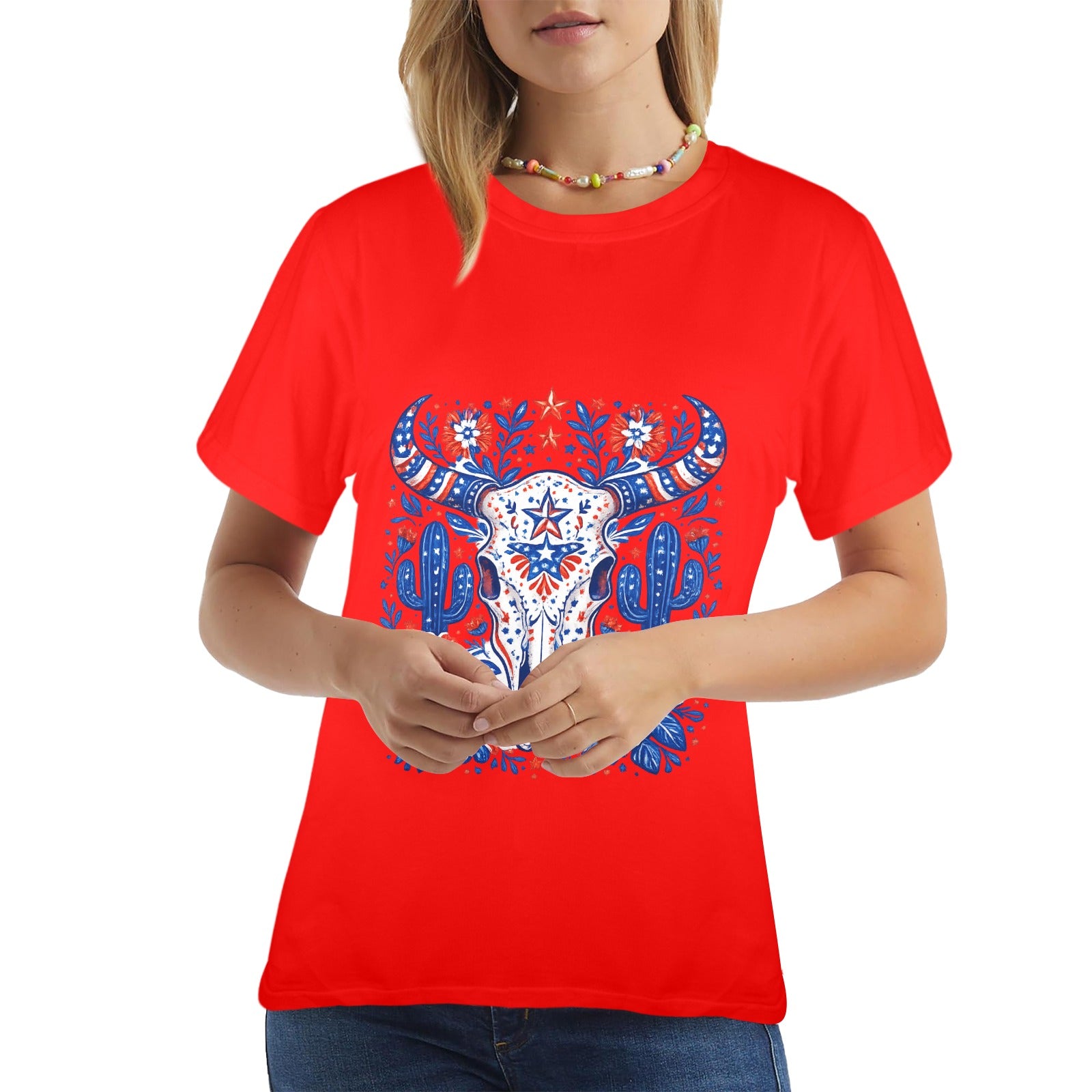 Patriotic Bull Skull T-Shirt — Western Folk Art Floral Longhorn Tee