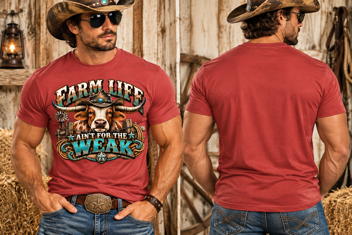 Farm Life Ain’t for the Weak Men’s Western T-Shirt – Longhorn Cowboy Ranch Graphic Tee