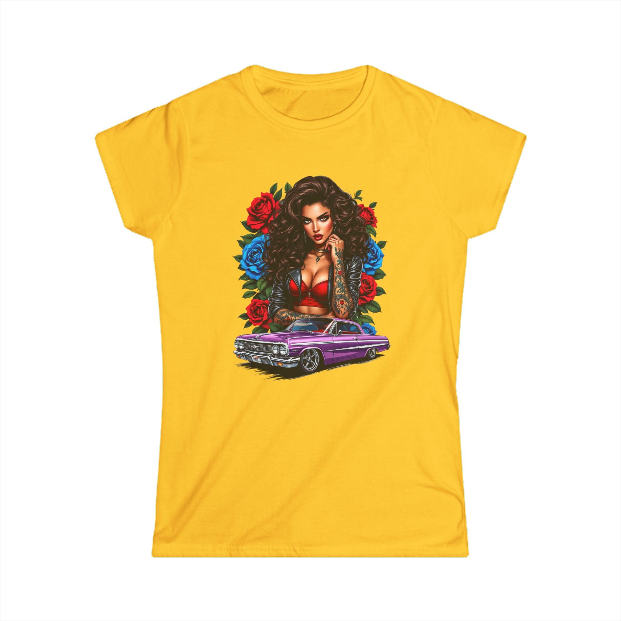 Lowrider Pinup Tee — Chicana Girl, Roses & Purple Classic Car Graphic Shirt Ladies