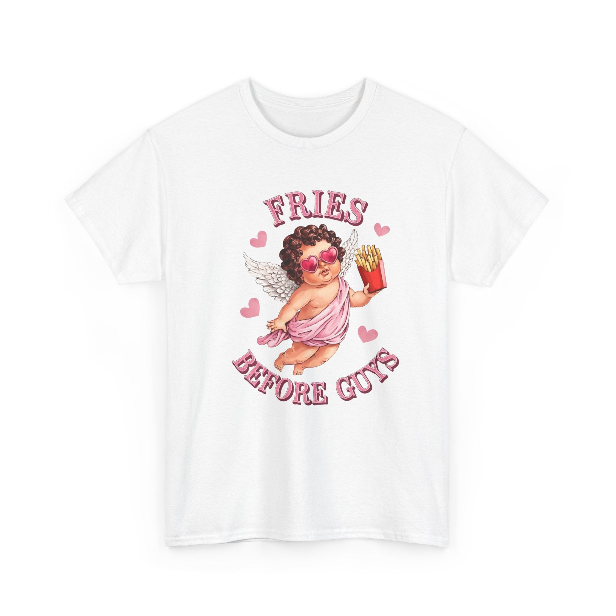 Fries Before Guys Valentine T‑Shirt — Cute Cupid with Fries Tee