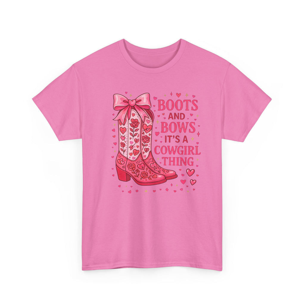 Cowgirl Boots and Bows T‑Shirt — "Boots and Bows, It's a Cowgirl Thing" Pink Western Tee  Trendy Farm