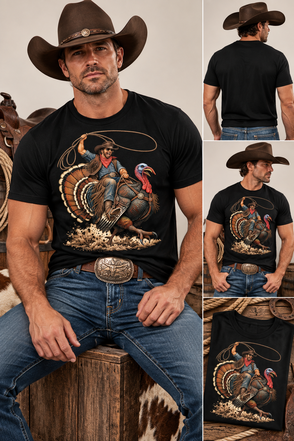 Wild Turkey Rodeo Men’s Western Tee Cowboy funny Graphic🦃