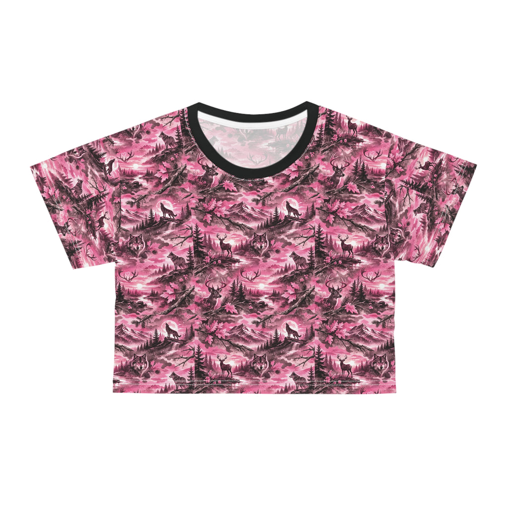 Pink Mountain Landscape Crop Tee — Vintage Wilderness All-Over Print