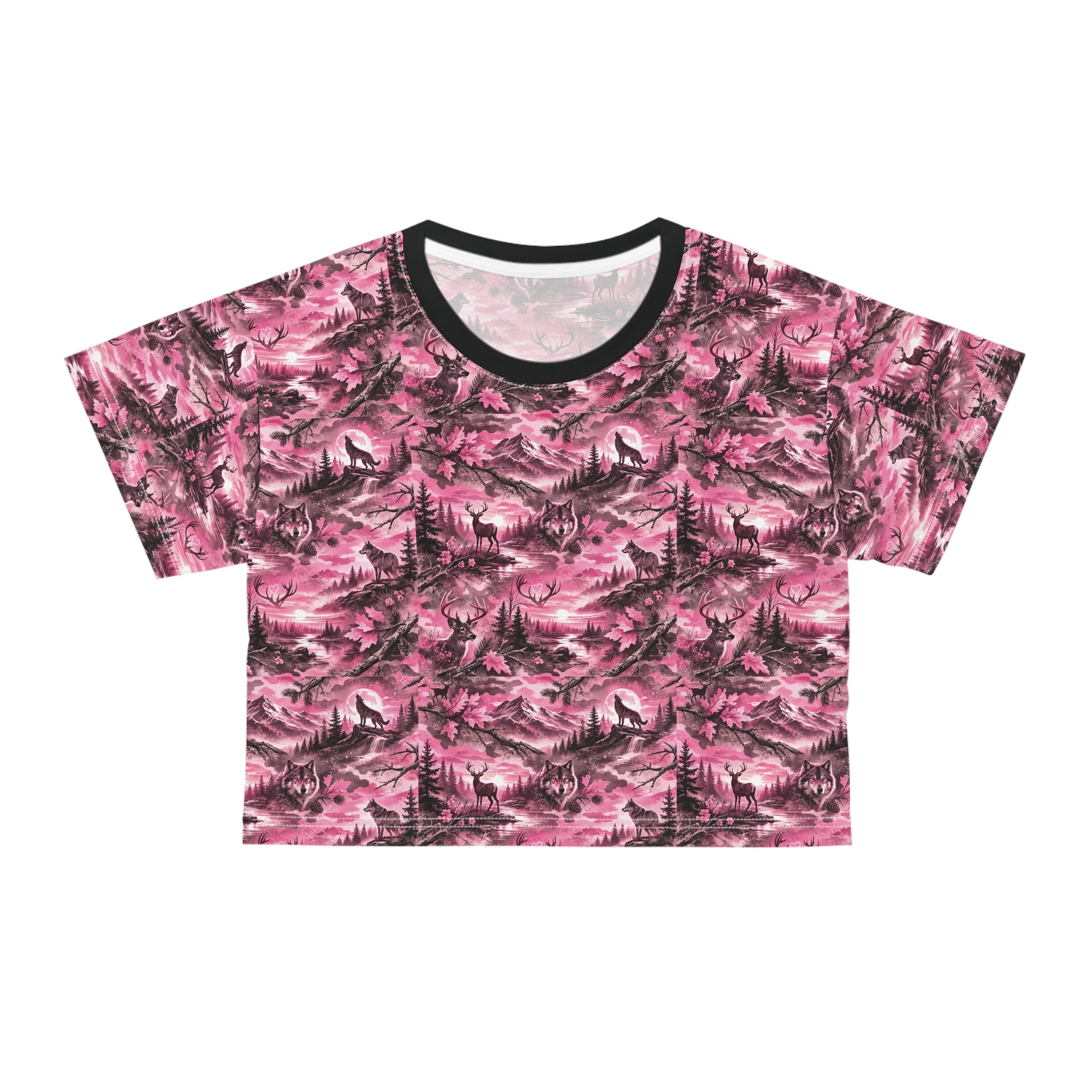 Pink Mountain Landscape Crop Tee — Vintage Wilderness All-Over Print