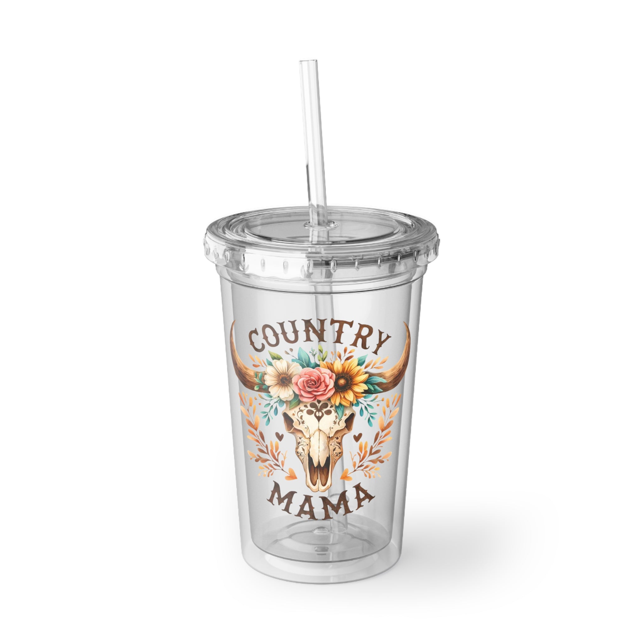 Country Mama Floral Longhorn Acrylic Tumbler with Straw