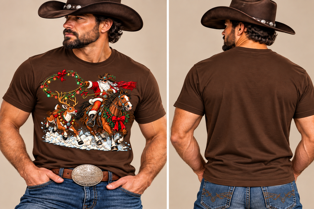 Cowboy Santa & Reindeer Rodeo Christmas Shirt  Men’s Western Holiday Tee🦌