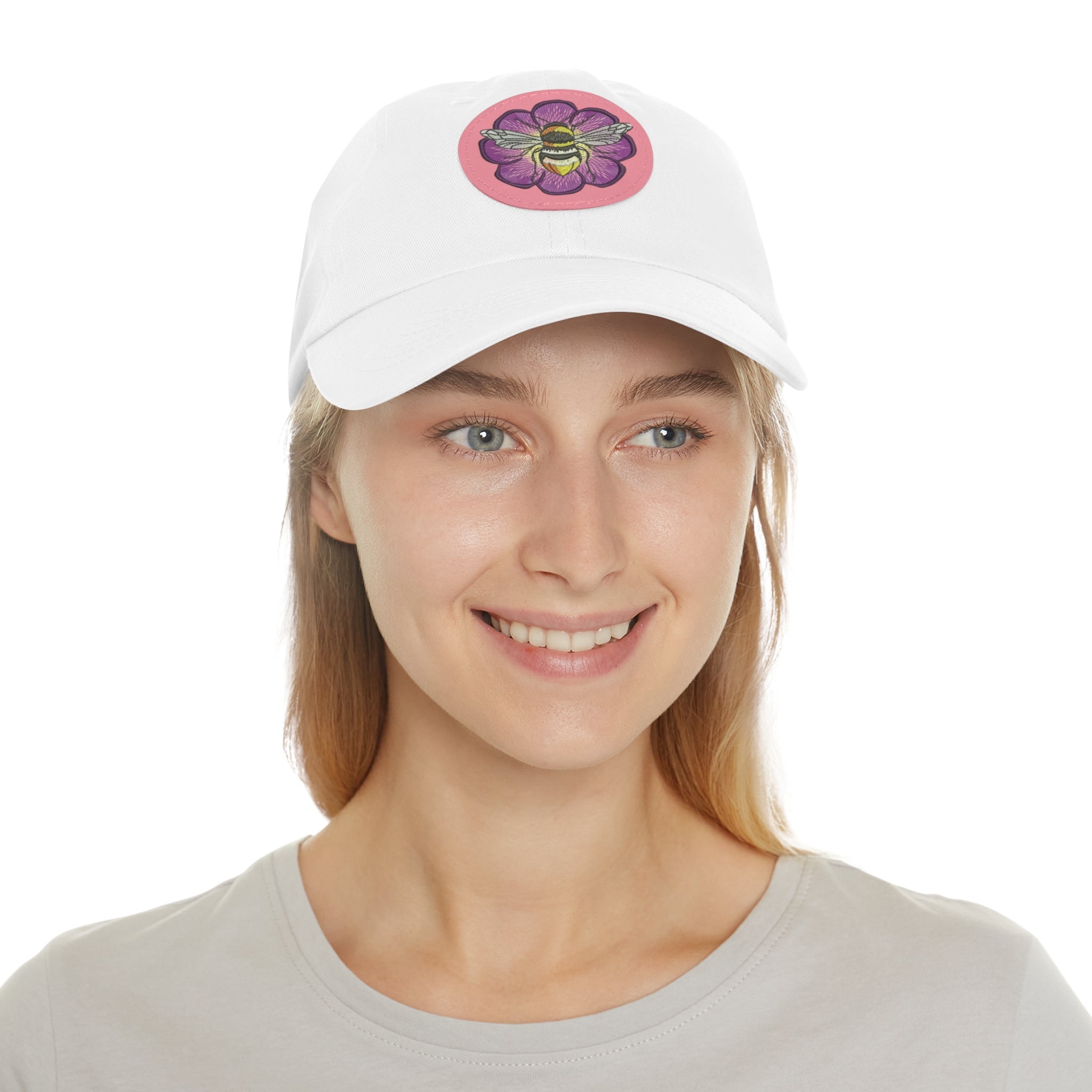 Bee on Purple Flower Leather Patch Dad Hat — Embroidered Nature Cap
