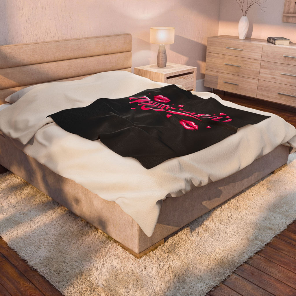 Maneater Velveteen Plush Blanket — Pink Script & Kiss Design, Cozy Gift for Her throw