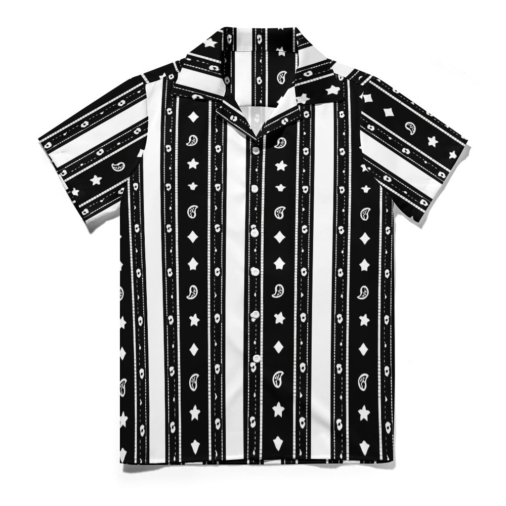 The Maverick Collection  Men's Black & White Paisley Stripe Cuban Collar Shirt
