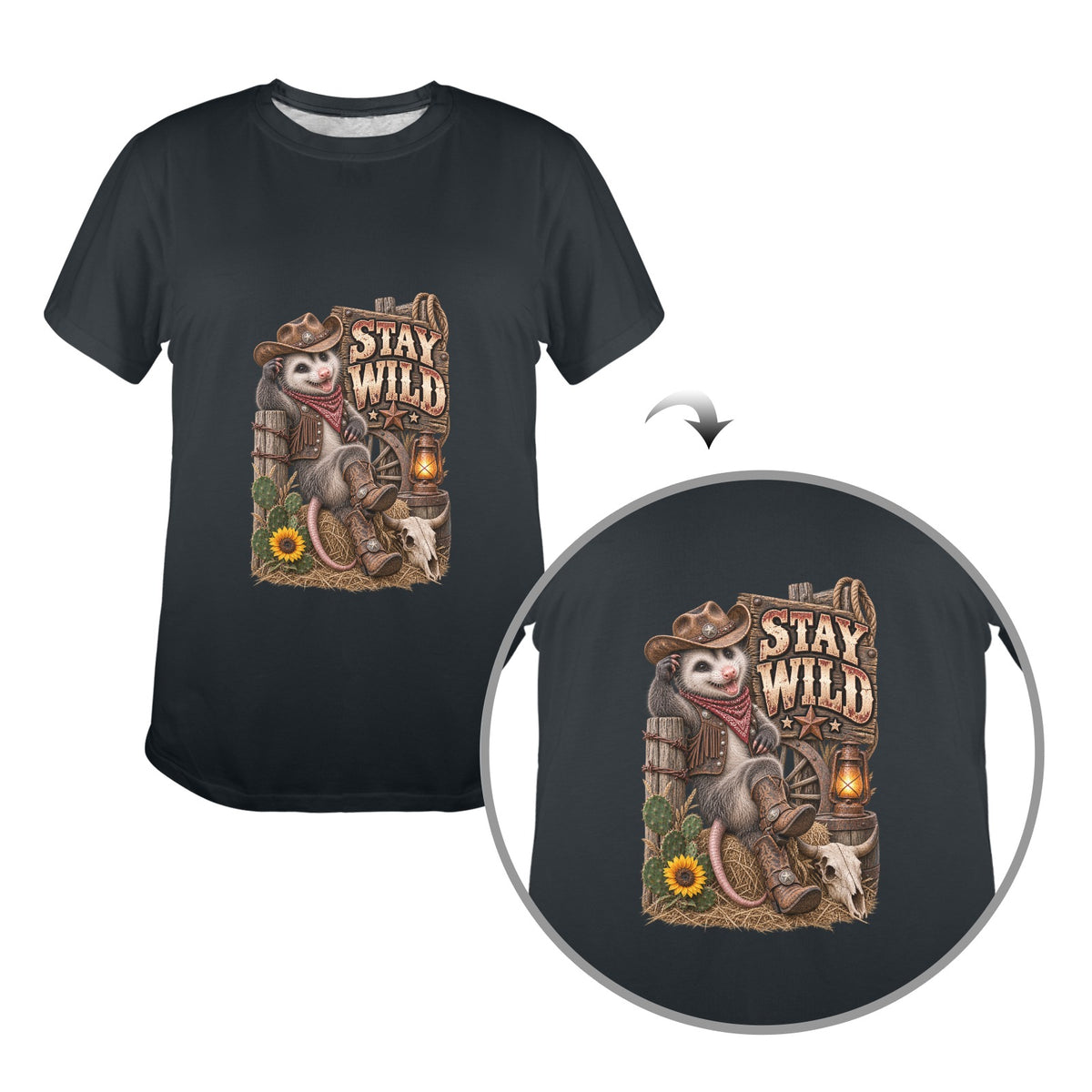 Stay Wild Pete the Possum Ladies T-Shirt   Funny Western Possum