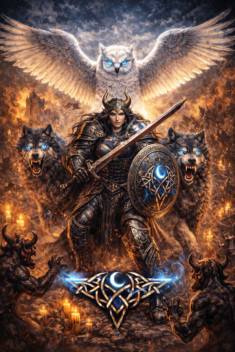 Warrior and Creatures in fiery Battle  ( Willow)🐺⚔️🦉🔥