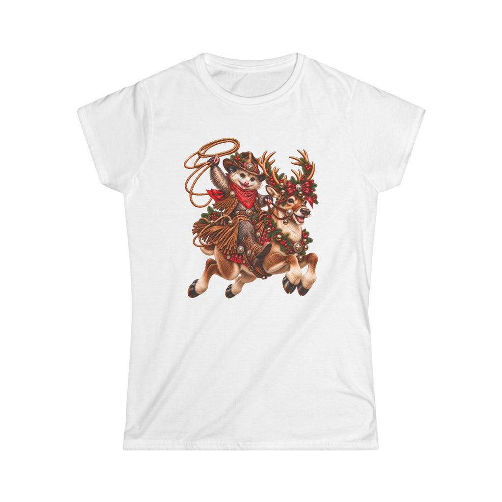Pete’s Christmas Reindeer Ride Women’s T-Shirt – Cute Western Possum Holiday Tee 🎄🦌🤠