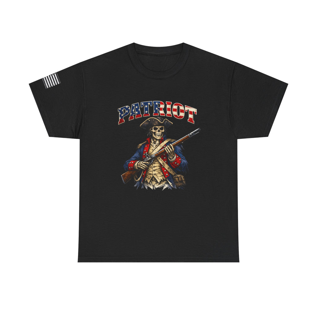 Patriot Skeleton Rifle T‑Shirt — American Flag Military Skull Tee