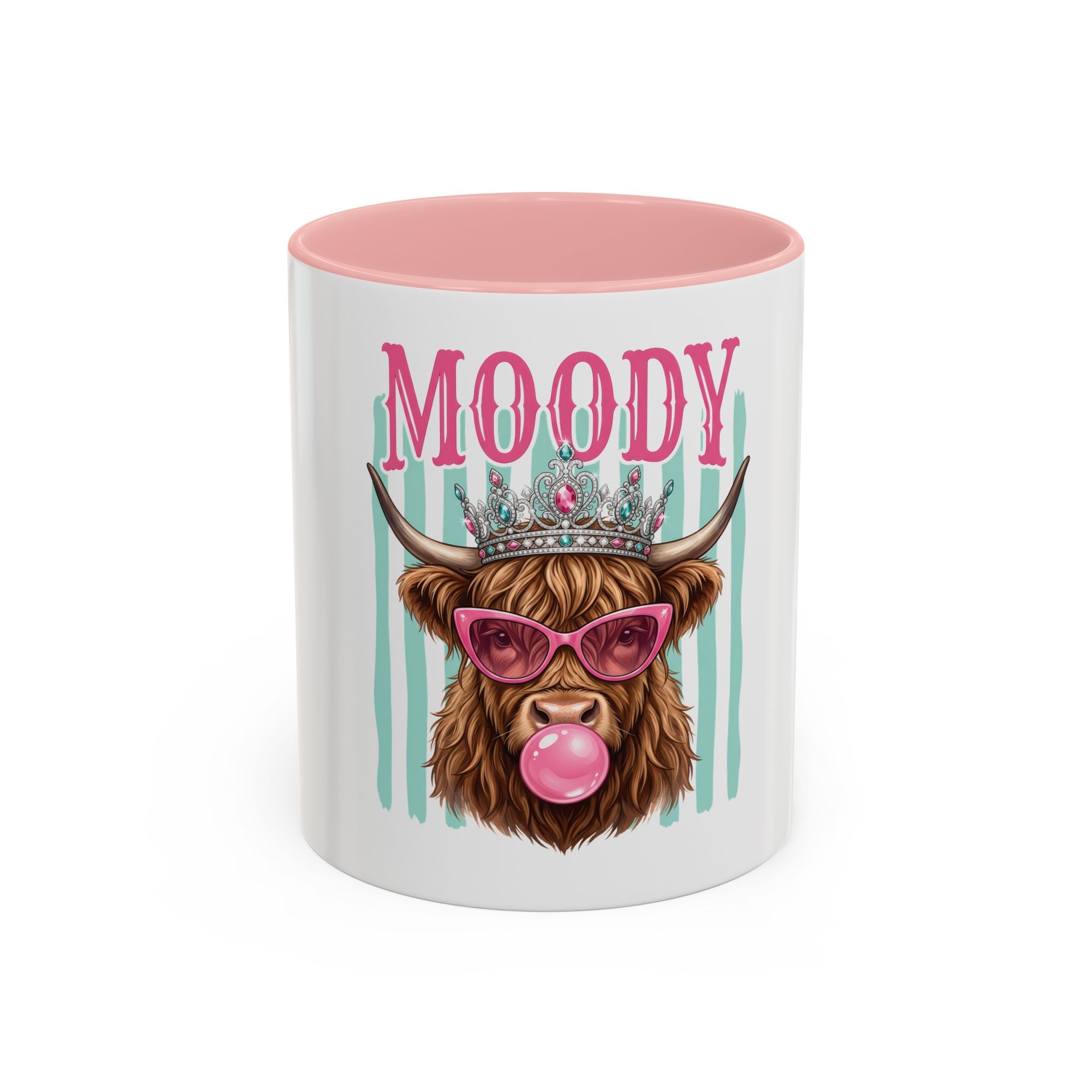 Moody Highland Cow Coffee Mug — Funny Crowned Cow with Bubblegum | Gift for Cow Lovers