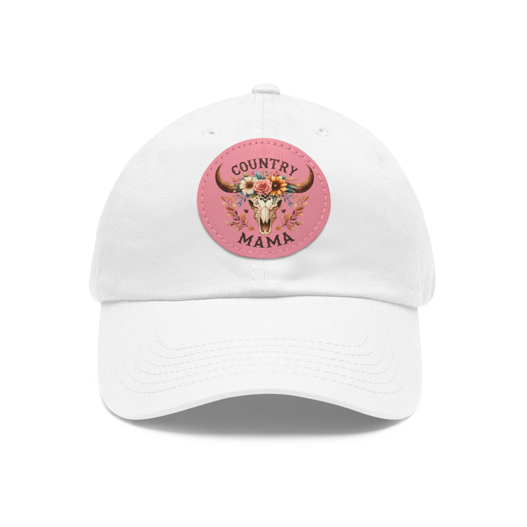 Country Mama Leather Patch Dad Hat — Floral Bull Skull Cap