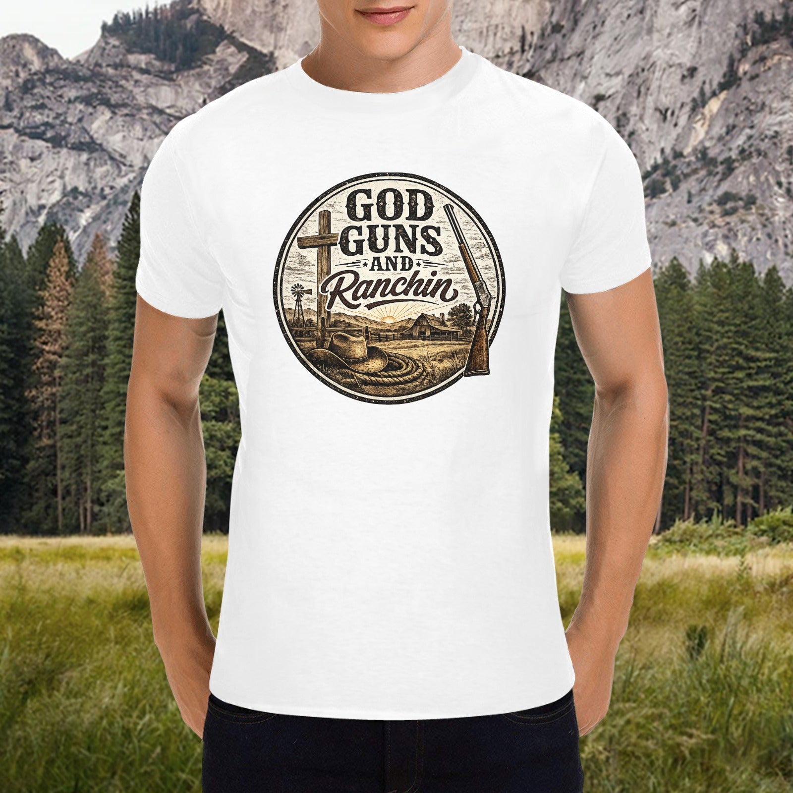 Men -God Guns and Ranchin Tee