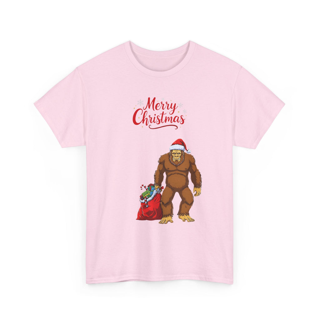Christmas Sasquatch T-Shirt — "Merry Christmas" Bigfoot with Santa Hat & Gift Sack