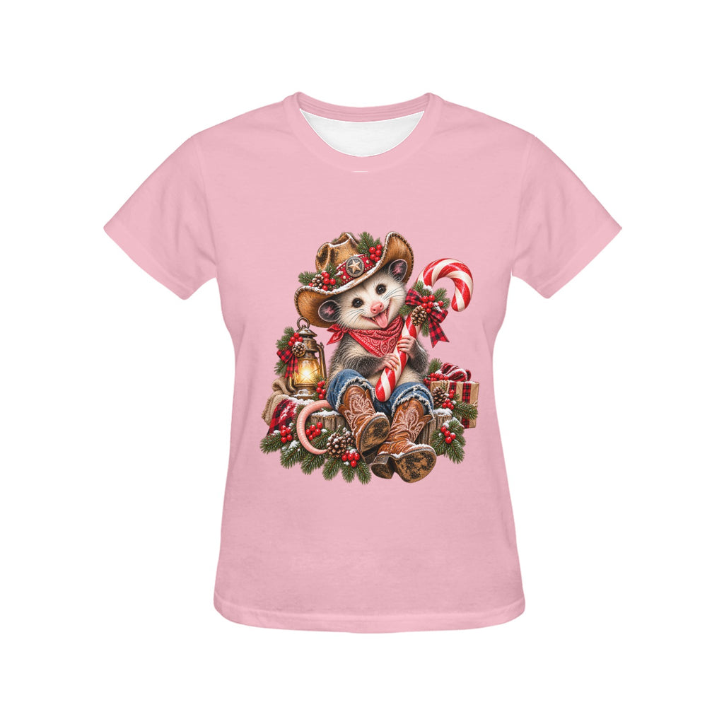 Pete the Possum Candy Cane Women’s Christmas Tee – Western Cowboy Holiday Shirt