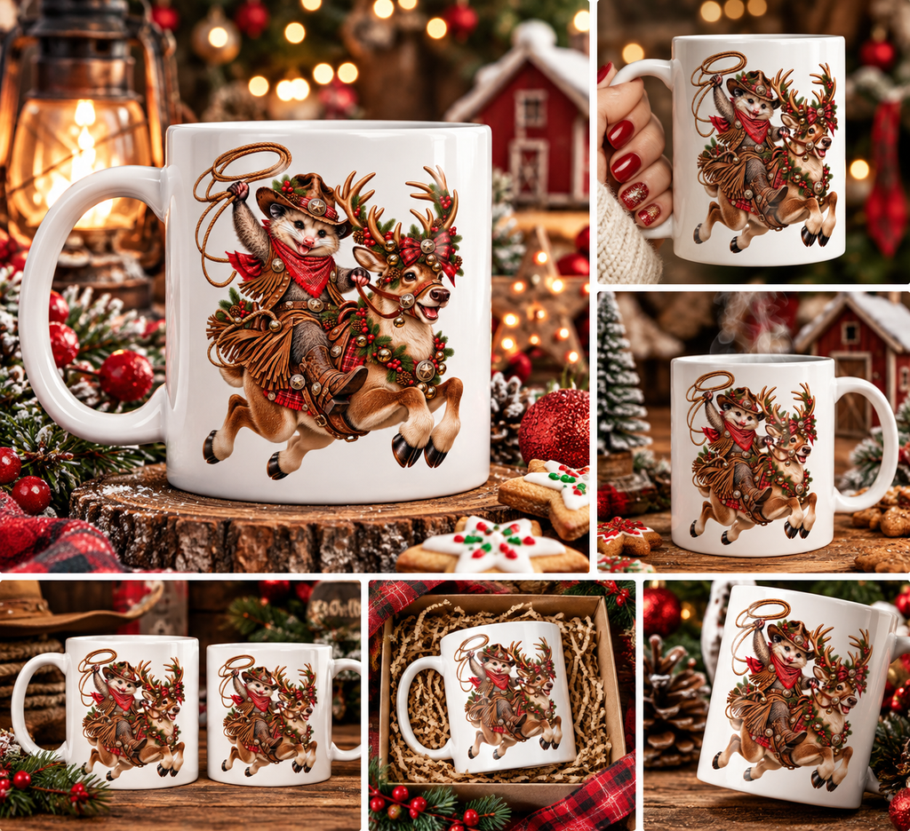 Christmas Cowboy Possum & Reindeer Mug – Funny Western Holiday Coffee Cup 🤠🎄🦌