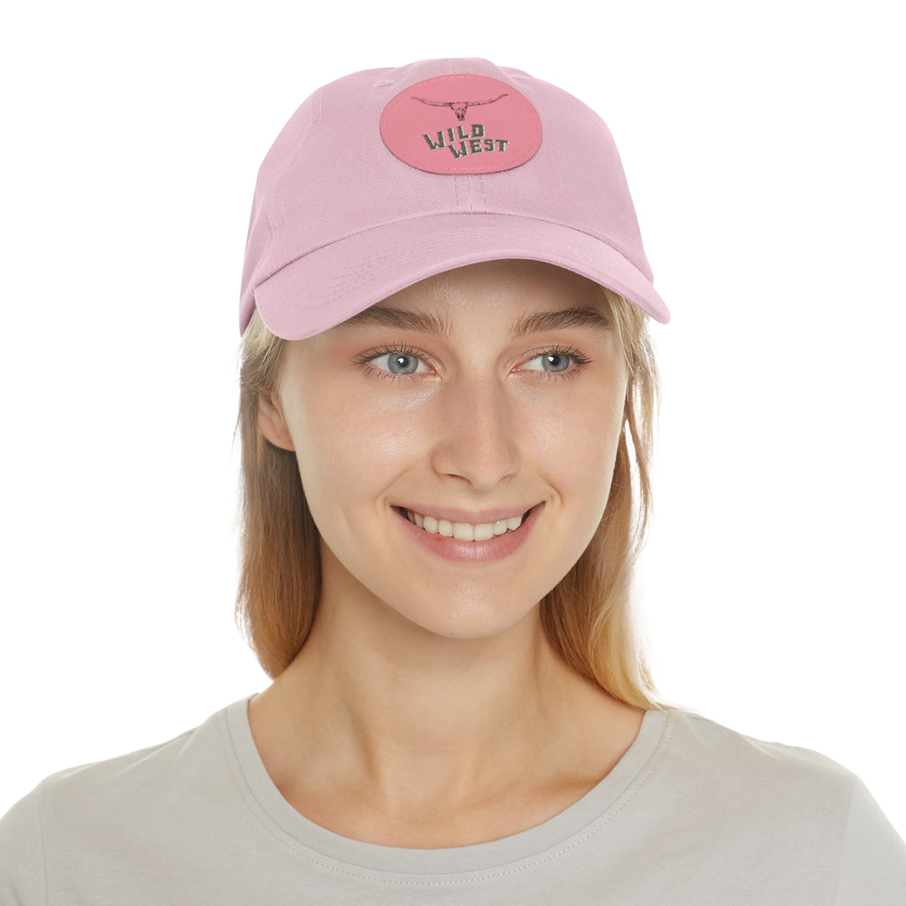 Wild West Leather Patch Dad Hat — Pink Round Patch Cowboy Cap