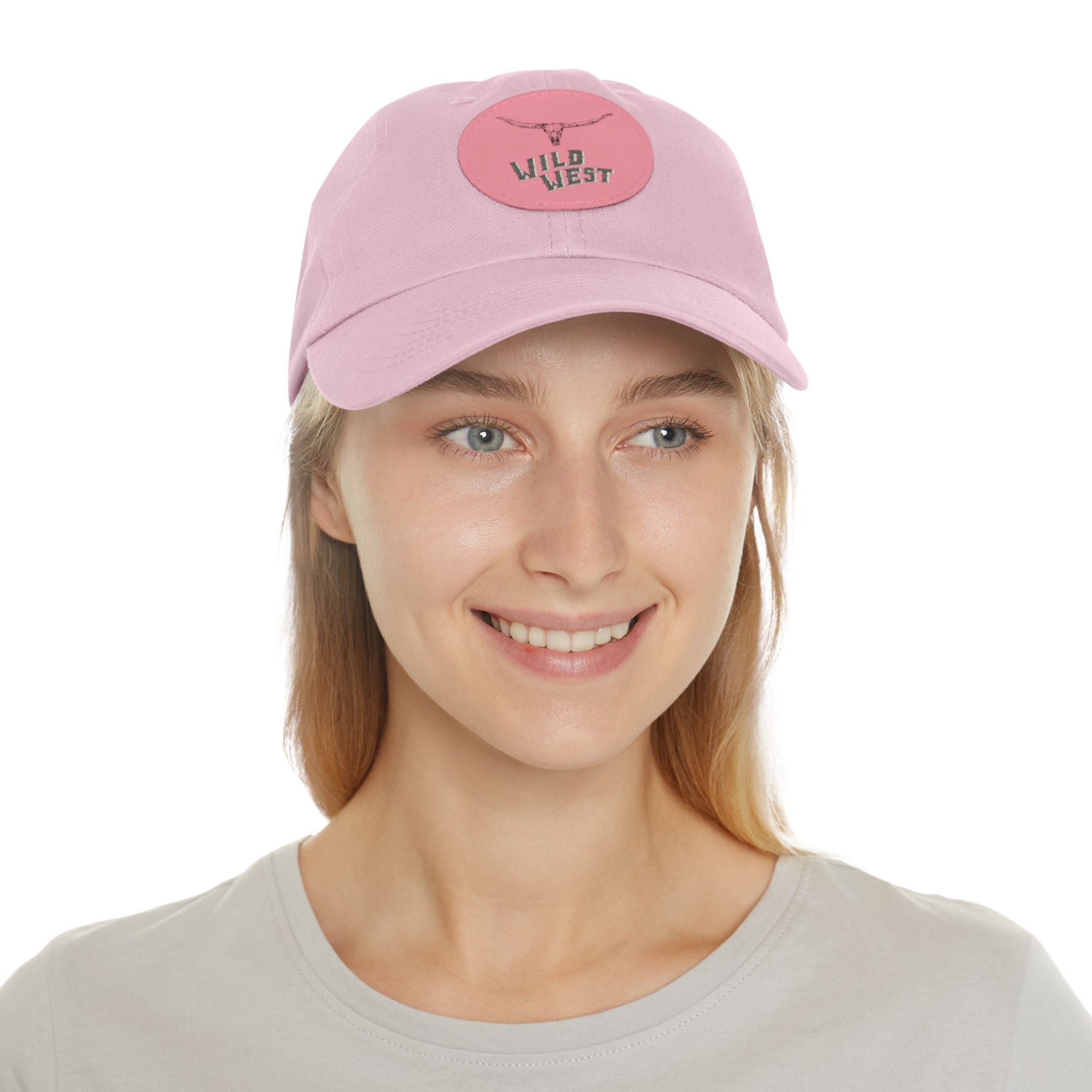 Wild West Leather Patch Dad Hat — Pink Round Patch Cowboy Cap