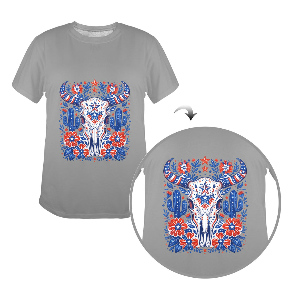 Patriotic Bull Skull T-Shirt — Western Folk Art Floral Longhorn Tee