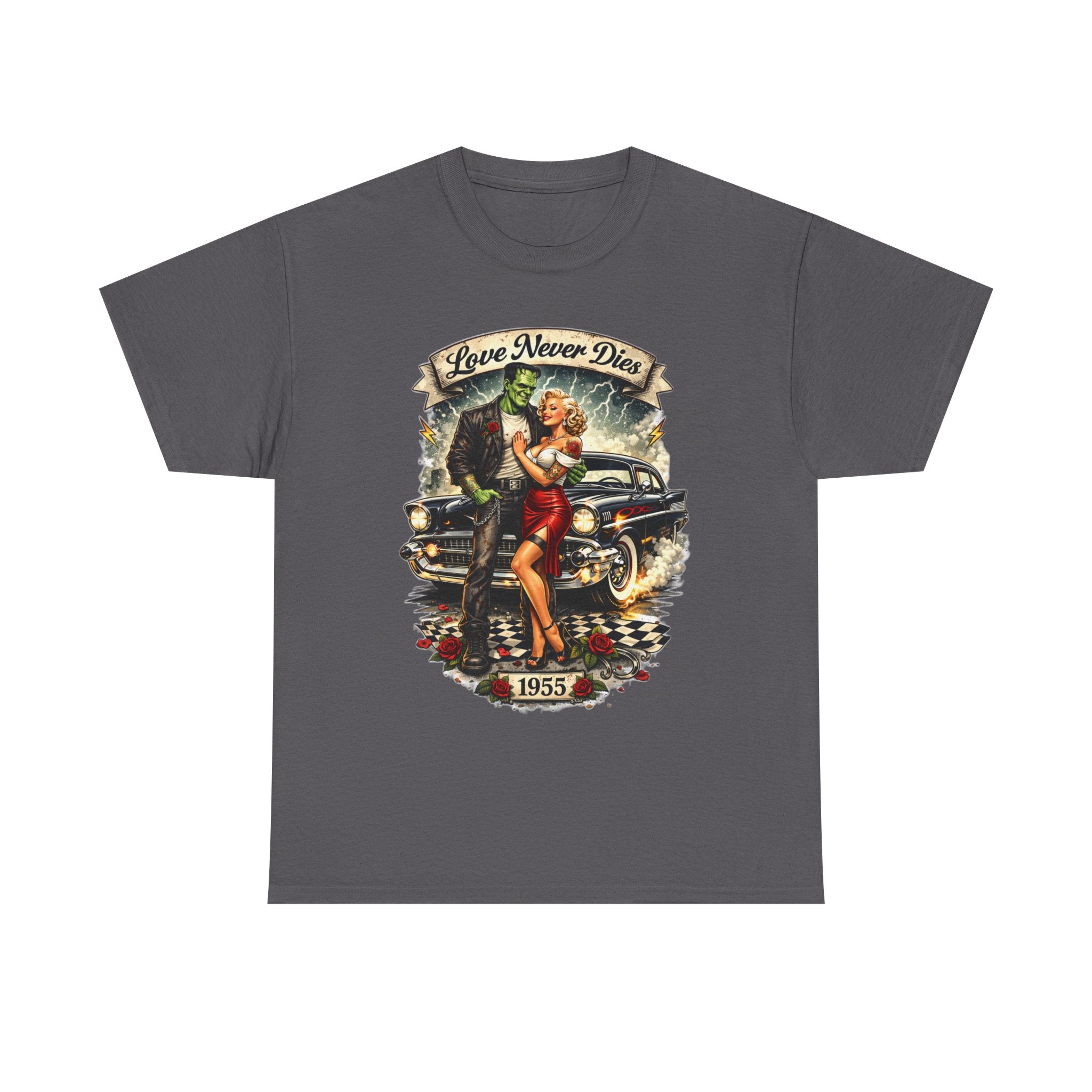 1950s Pinup Car Tee — "Love Never Dies" Vintage Rockabilly T-Shirt