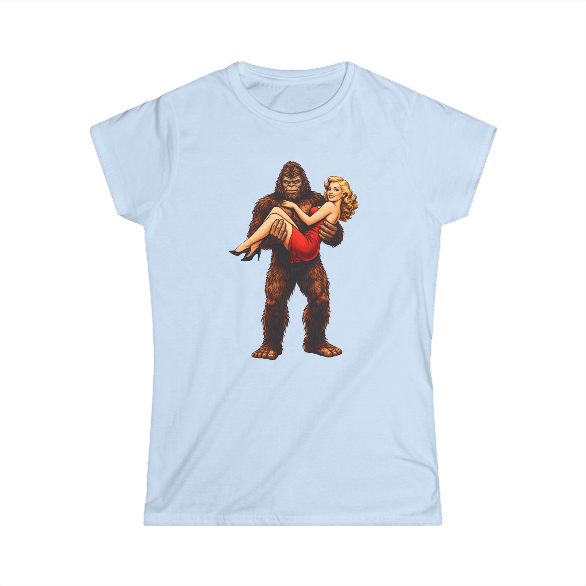 Bigfoot Carrying Pin-Up Girl T-Shirt — Retro Sasquatch Vintage Pinup Tee