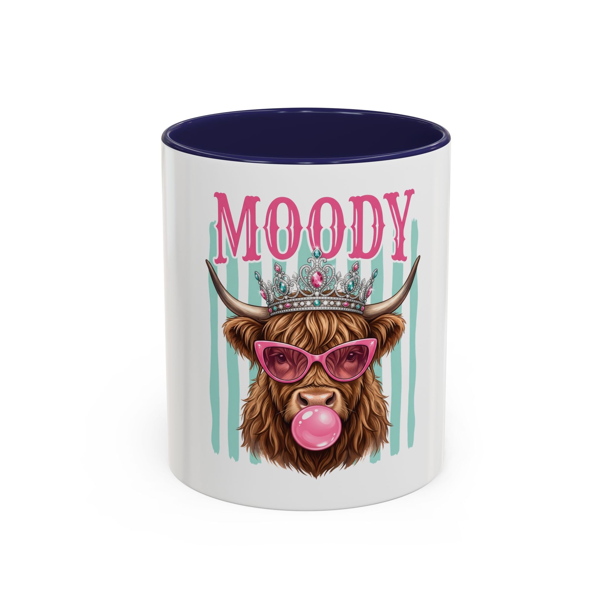 Moody Highland Cow Coffee Mug — Funny Crowned Cow with Bubblegum | Gift for Cow Lovers