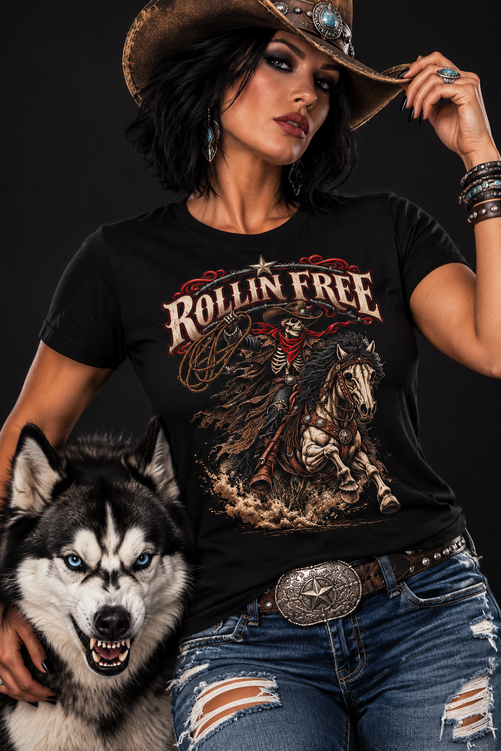 Rollin' Free Skeleton Cowboy Tee — Unisex Western Graphic T-Shirt