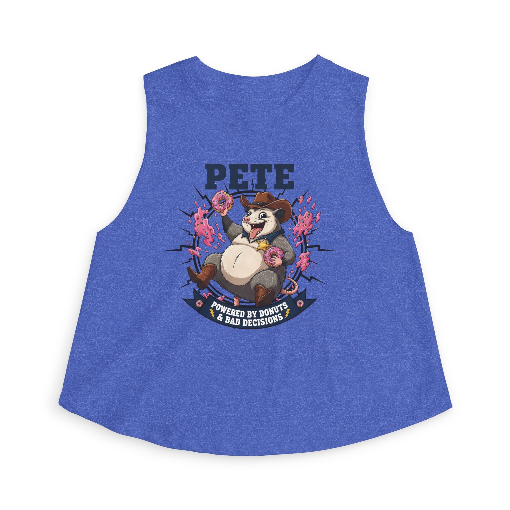Pete Donut-Loving Raccoon Crop Top — "Powered by Donuts & Bad Decisions"