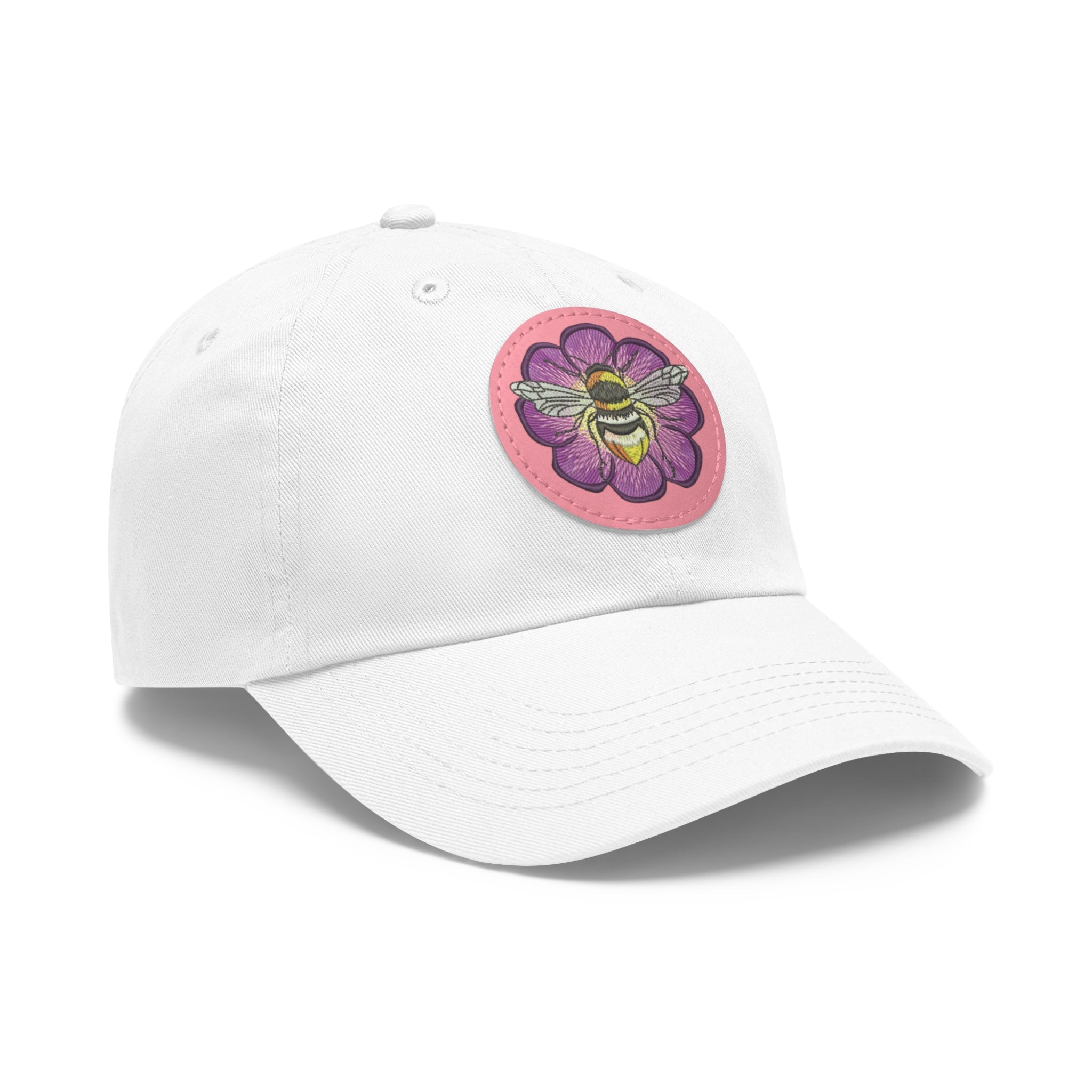 Bee on Purple Flower Leather Patch Dad Hat — Embroidered Nature Cap